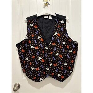 VTG Basic Editions Plus Halloween Vest 24W 90s Retro Ghost Cat Pumpkin Back Tie
